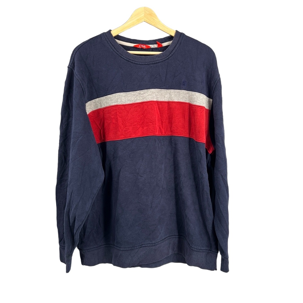 Izod Mens Sweatshirt Navy Blue With Red Stripe Crew Neck Long Sleeve Extra Large